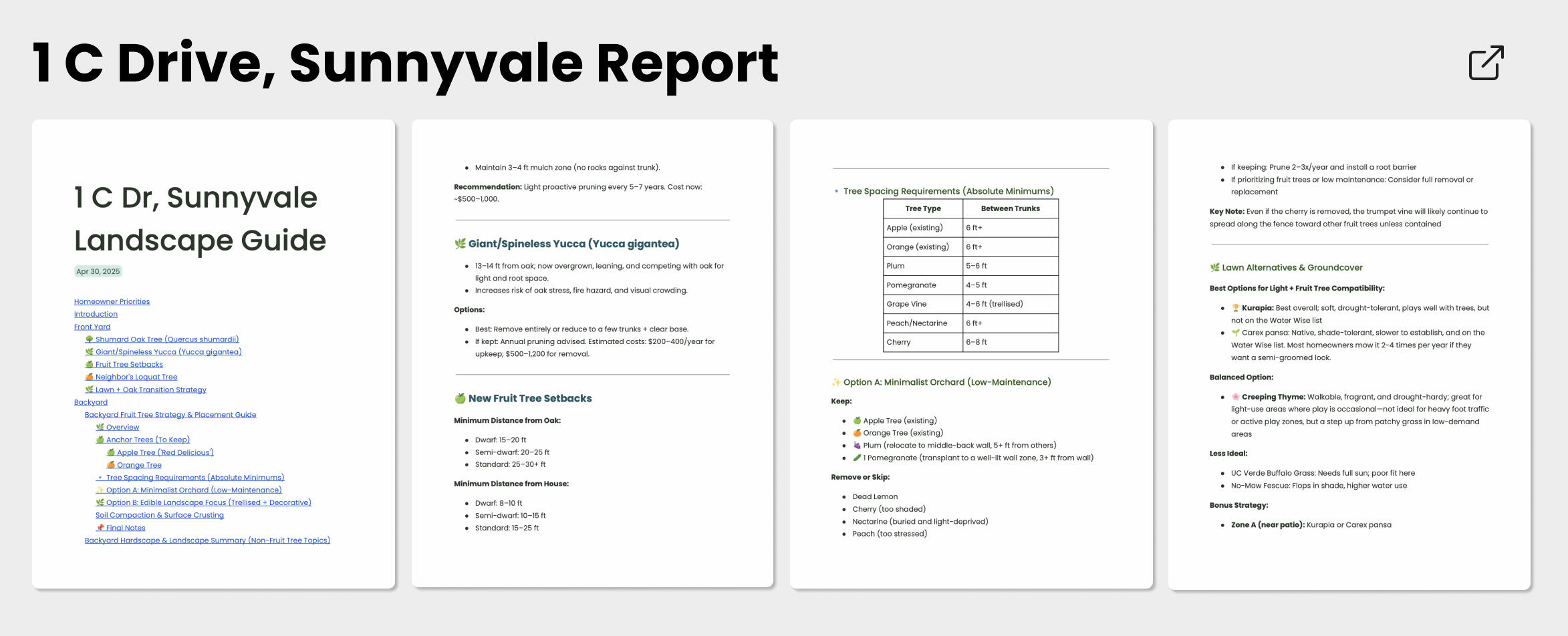 View sample report for 1 H Way, Sunnyvale, California Four-page visual preview of a DeepGarden landscape guide, including planting layouts and site-specific recommendations